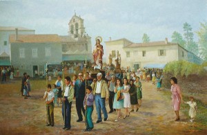 La procesión de San Pantaleón el 27 de julio de 1980, discurre por el entorno de la iglesia y del Pazo de Montecelo. Óleo del artista Manuel Anido, 2014.